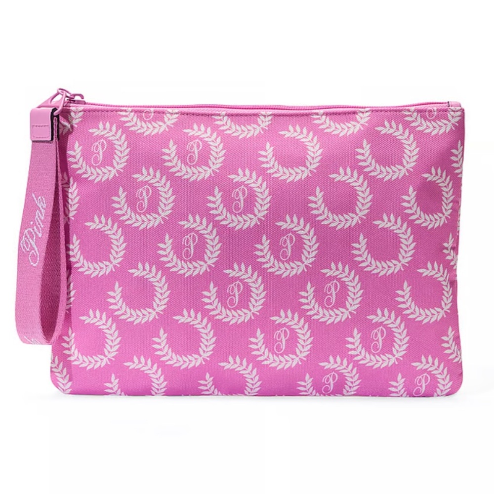 NWT PINK Victoria’s Secret Pink White Emblem Logo Top Zip Pouch Cosmetic Bag